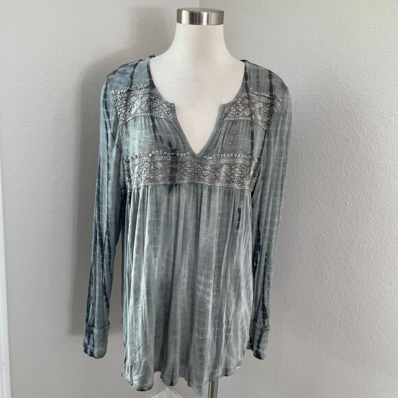 Knox Rose Womens Plus XXL Gray Long Sleeve Tunic Top Lace Detail Boho Shirt - Picture 1 of 11
